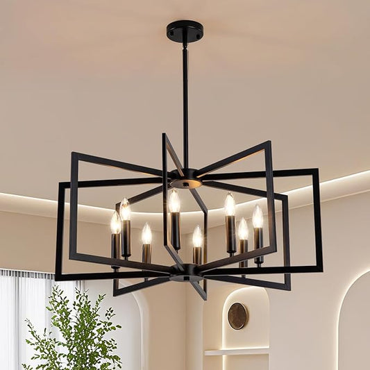 Black Chandelier for Dining Room 8-Light Farmhouse Chandelier,Modern Geometric Industrial Meta Pendant Light Fixture Adjustable Height Hanging Lighting for Dining Room,Living Rooms,Villas,Entryway