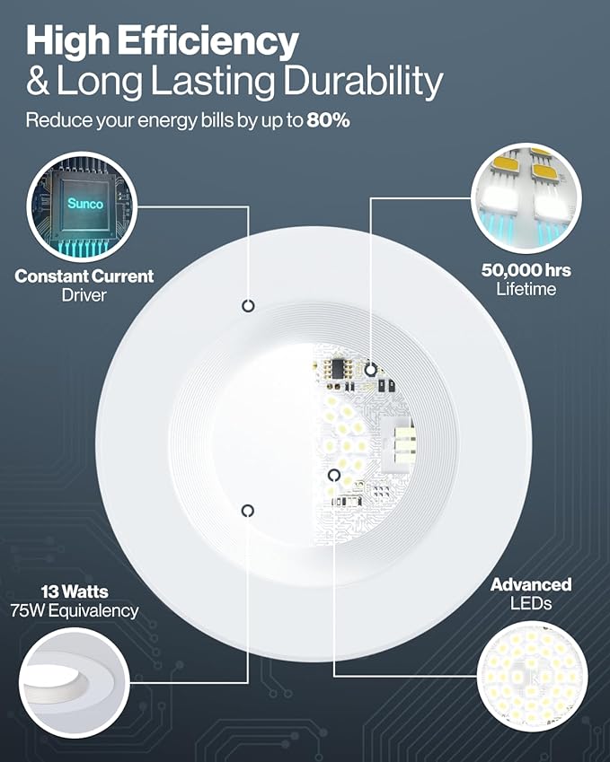 Sunco 16 Pack 6 Inch LED Recessed Light, Retrofit Downlight Can Lights for Ceiling, Baffle Trim, 1050 LM, 13W (75W Equivalent), Selectable CCT 2700K/3000K/3500K/4000K/5000K, Dimmable, Damp Rated UL.