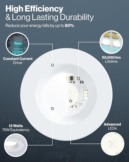 Sunco 16 Pack 6 Inch LED Recessed Light, Retrofit Downlight Can Lights for Ceiling, Baffle Trim, 1050 LM, 13W (75W Equivalent), Selectable CCT 2700K/3000K/3500K/4000K/5000K, Dimmable, Damp Rated UL.