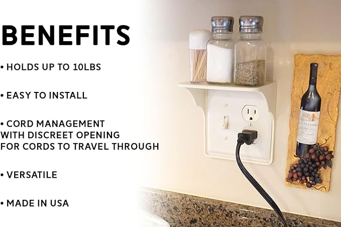 Power Perch Double Wall Outlet Shelf with Cord Storage Strap - Declutter & Reclaim Bathroom Counter Space - Alexa Stand, Apple Homepod Shelf, Toothbrush Holders Wall Mounted - Almond, 2-Pack