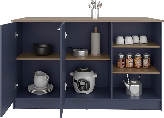 GOWE Ginger Kitchen Island, Three Open Shelves, Two Cabinets Doors with Interior Storage Option, Floorstanding Island, Kitchen Organizer and Decor