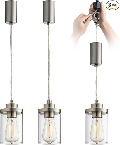 mirrea H Type Brushed Nickel Track Lighting Pendant with Clear Glass Shade Cord Adjustable Pack of 3