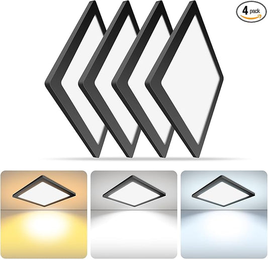 4 Pack 7 Inch Square Black Ceiling Light, 12W, 120V, 3000K/4000K/5000K, Dimmable Slim LED Ceiling Lights, Close to Ceiling Light Fixtures for Bedroom, Hallway, Laundry, ETL Listed, Each Side is 6.38"