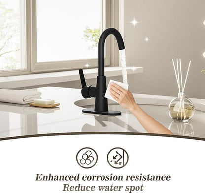 Phiestina Single Hole Matte Black Single-Handle 4 Inch Bathroom Sink Faucet with Deck Plate and Supply Hoses, Bar Sink Faucet/Pre-Kitchen Sink Faucet with 360° Rotation Spout, WE10E-MB