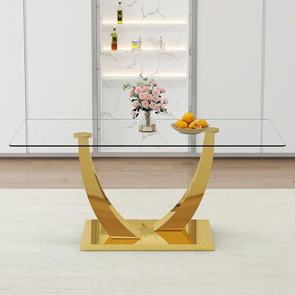 71” Glass Dining Table, Modern Dining Room Table for 6-8, Luxury Gold Kitchen Table with U-Shaped Metal Legs, 0.4” Tempered Glass Top for Elegant Dining Room Spaces