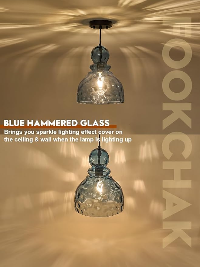 Coastal Pendant Light Blue Hammered Glass Kitchen Island Lights 12in Large Pendant Hanging Light for Dining Room Kitchen Sink Hallway Entrance, E26