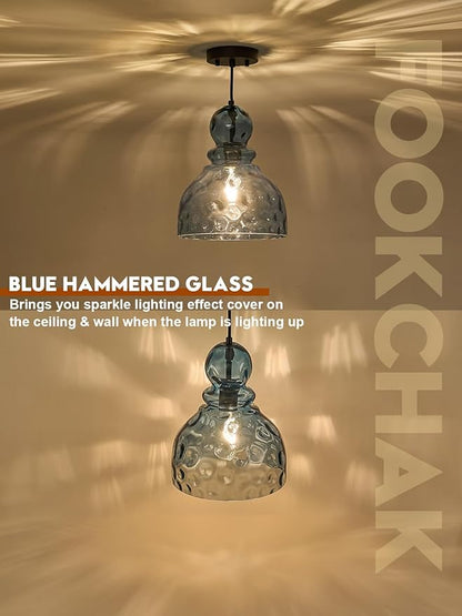 Coastal Pendant Light Blue Hammered Glass Kitchen Island Lights 12in Large Pendant Hanging Light for Dining Room Kitchen Sink Hallway Entrance, E26