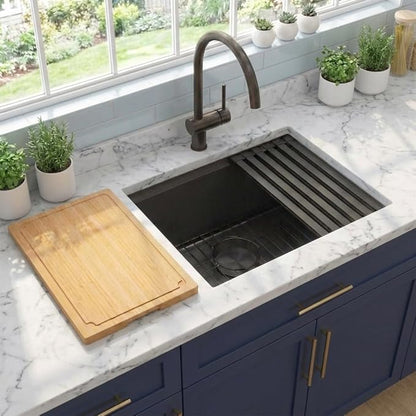 LQS 23 Inch Black Undermount Kitchen Sink, Black Kitchen Sink 23" x 18", 10" Deep Single Bowl Sinks, 16 Gauage Stainless Steel Material, Workstation Ledge With Abundant Accessories