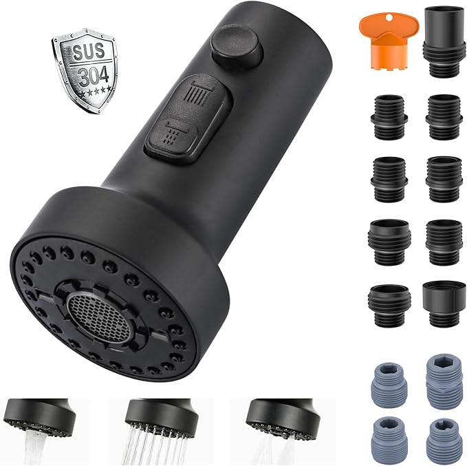 Stainless Steel Kitchen Faucet Head: ARCORA 3-Function Kitchen Faucet Head Replacement with 13 Adapters - Matte Black Pull Down Spray Head Compatible with Moen, Delta, American Standard Faucets