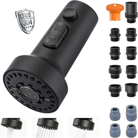 Stainless Steel Kitchen Faucet Head: ARCORA 3-Function Kitchen Faucet Head Replacement with 13 Adapters - Matte Black Pull Down Spray Head Compatible with Moen, Delta, American Standard Faucets