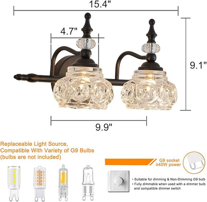 Bathroom Vanity Light Fixtures, 2-Light Vintage Crystal Wall Lights, Painted Black Surface, Thick Crystal Glass Shade, Vintage Wall Sconce for Bathroom, Bedroom, Living Room