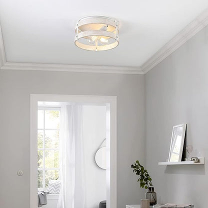 Modern Farmhouse ?Antique White Distressed Flush Mount Light Fixture 2-Light Wood Drum Semi Flush Mount Ceiling Light for Hallway Bedroom Kitchen Entryway Farmhouse