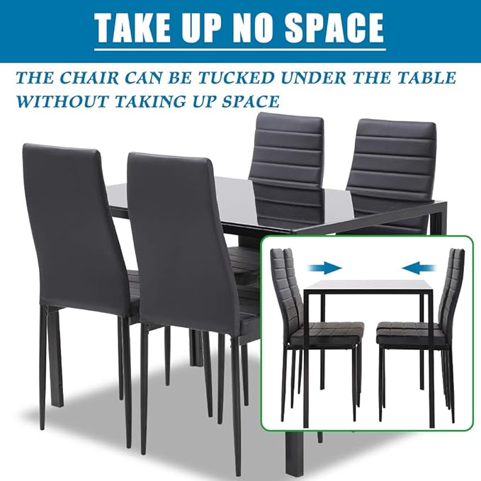 FDW | 5-Piece Dining Table Set | Black | Glass Kitchen Table with 4 Upholstered Chairs and Faux Leather Cushions | Space-Saving and Modern Design | for Dining Room, Easy to Assemble