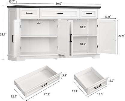 usikey 59” Large Buffet Cabinet with 4 Doors and 3 Drawers, Buffet Sideboard Cabinet with Storage and 2 Adjustable Shelves, Coffee Bar, Wine Bar for Living Room, White