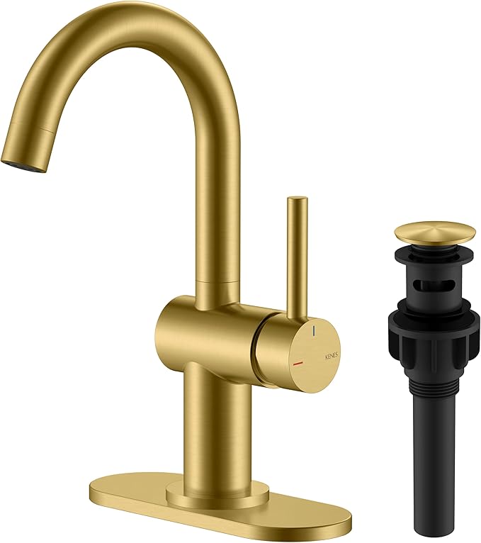 KENES Brushed Gold Single Handle Bathroom Faucets Modern Prep Wet Bar Sink Faucets Bathroom Sink Faucet with Drain Assembly & Deck Plate, Farmhouse RV Camper Outdoor Utility Faucet, KE-9005B-4