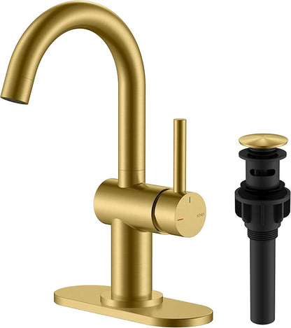 KENES Brushed Gold Single Handle Bathroom Faucets Modern Prep Wet Bar Sink Faucets Bathroom Sink Faucet with Drain Assembly & Deck Plate, Farmhouse RV Camper Outdoor Utility Faucet, KE-9005B-4