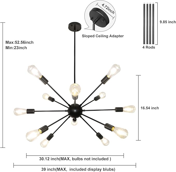 LynPon Sputnik Ceiling Light Fixture, 12 Lights Black Chandelier for Dining Room, Mid Century Chandeliers Industrial Hanging Light Vintage Pendant Light for Foyer Kitchen Living Room Bedroom
