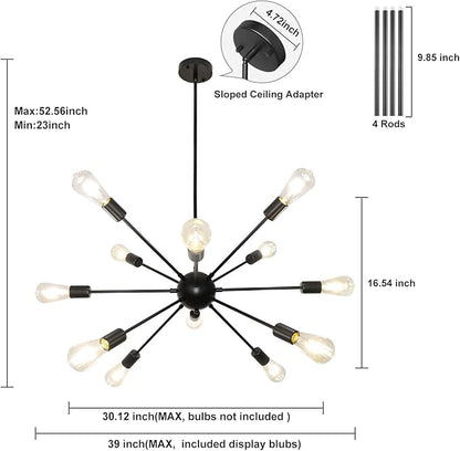 LynPon Sputnik Ceiling Light Fixture, 12 Lights Black Chandelier for Dining Room, Mid Century Chandeliers Industrial Hanging Light Vintage Pendant Light for Foyer Kitchen Living Room Bedroom
