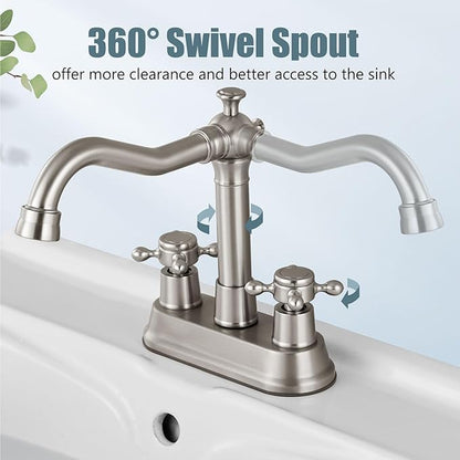 Aolemi 4 Inch Centerset Bathroom Sink Faucet Vintage 2 Cross Handle RV Mixer Tap Basin Vanity Lavatory Utility for Sink 3 Hole Include Hoses Pop Up Drain Faucet Handle Without Label Brushed Nickel