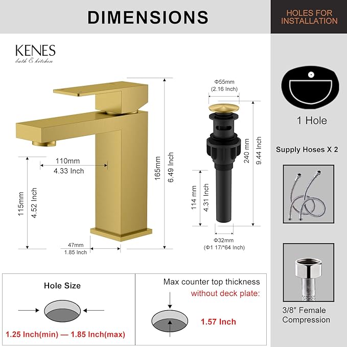 KENES Brushed Gold Bathroom Faucets, Modern Single Hole Lavatory Vanity Faucet, Single Handle Bathroom Sink Faucet Gold, with Pop Up Drain & Water Supply Hoses LJ-9031-4