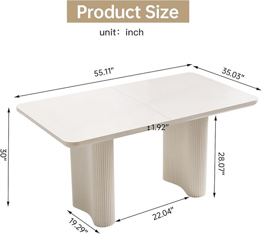 Miuuod 55 Inch Rectangular Dining Table, Cream White Modern Kitchen Table with Textured Double Pedestal Legs, Thick Tabletop for Small Apartment Dining Room, 4–6 Person Home Use