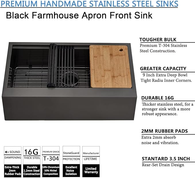 SHACO 33 Inch Black Farmhouse Sink, 33x20 Gunmetal Black 16 Gauge Stainless Steel Single Bowl Workstation Flat Apron Front Farm Kitchen Sink with Cutting Board