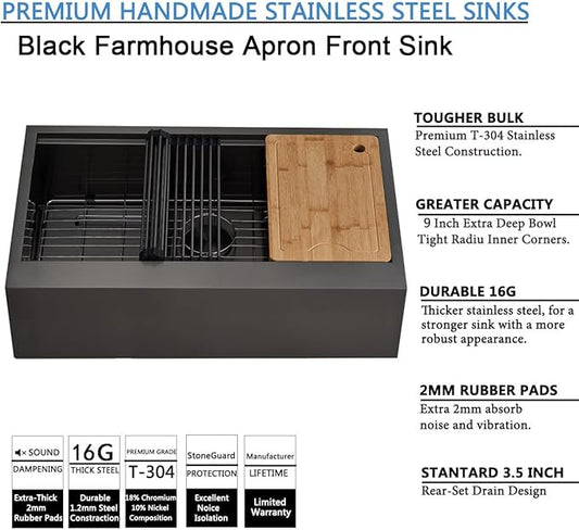 SHACO 33 Inch Black Farmhouse Sink, 33x20 Gunmetal Black 16 Gauge Stainless Steel Single Bowl Workstation Flat Apron Front Farm Kitchen Sink with Cutting Board