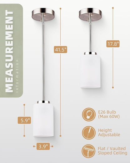 2 Pack Pendant Light Fixtures, Adjustable Brushed Nickel Hanging Ceiling Lights with White Frosted Glass Shades, House Indoor Light for Kitchen Island Bedroom