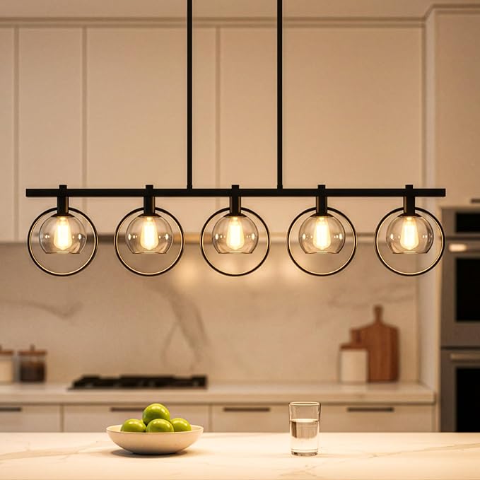 ropelux Dining Room Light Fixture, 5-Light Chandelier for Kitchen Island Over Table with E12 Socket(Bulb not Included), Black Rustic Hanging Pendant Light Fixtures with Clear Gray-Tinted Lampshade