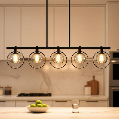 ropelux Dining Room Light Fixture, 5-Light Chandelier for Kitchen Island Over Table with E12 Socket(Bulb not Included), Black Rustic Hanging Pendant Light Fixtures with Clear Gray-Tinted Lampshade