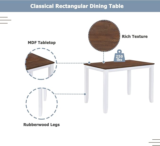 VilroCaz Minimalist Solid Wood 5-Piece Dining Table Set, Kitchen Dining Table Set for 4, Rectangular Table with 4 X-Back Upholstered Chairs for Dining Room Small Places (White-Min)