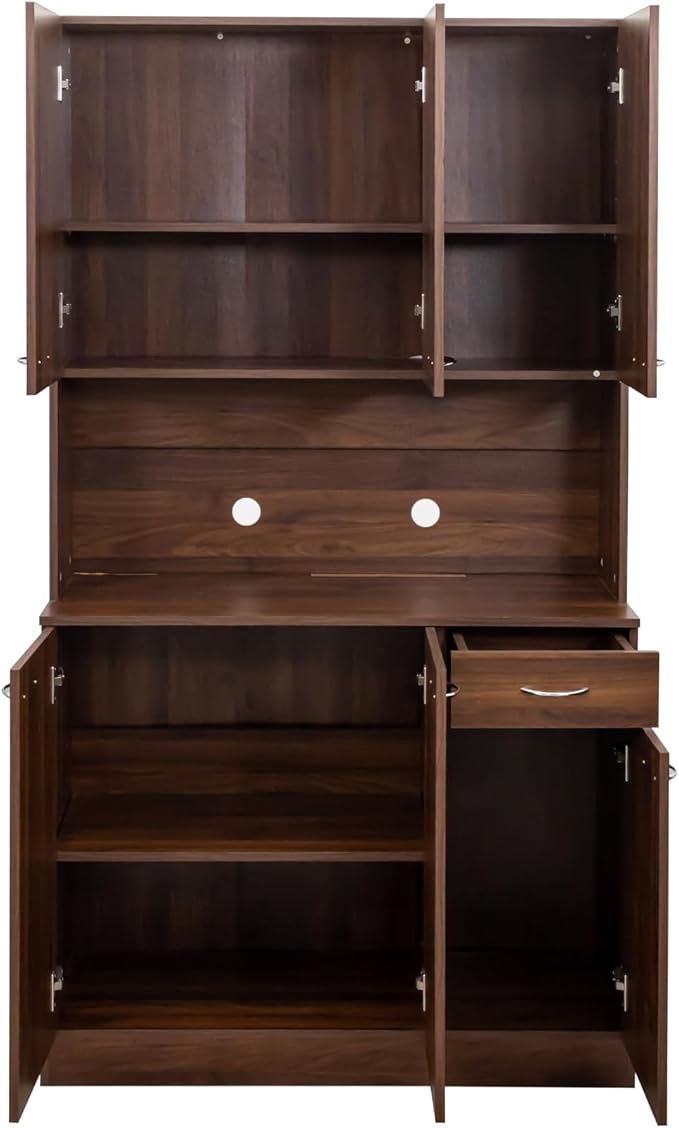 71" Kitchen Pantry Cabinets with Microwave Stand, 6 Doors & 3 Adjustable Shelves, Freestanding China Cabinet Hutch, Buffet Cabinet with Storage, WalnutV2