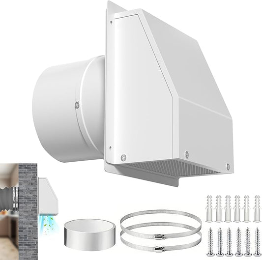 8 Inch Hooded Wall Vent Cover with Screen and Damper, Outdoor Wall Exhaust Vent Cover Wall Cap for Exterior Kitchen Range Hood Ventilation Dryer HVAC Duct Air Exhaust, Galvanized Steel - White