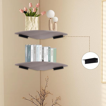 JJL Corner Wall Shelf, 12-Inch Sector Shelf, Set of 2 Wooden Hanging Shelves With Wire Hole for Bedroom Decoration, Grey