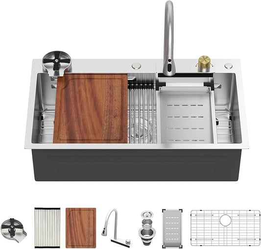 33 Inch Waterfall Kitchen Sink - Beslend 33x19 Drop In Waterfall Sink Workstation Smart Sinks 16 Gauge Stainless Steel Single Bowl Single Dish Basin with Faucet Combo