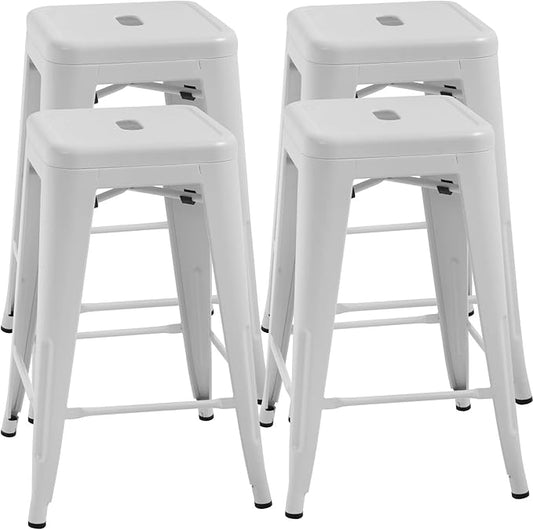 FDW Metal Bar Stools Set of 4 Counter Height Bar Stools 24 Inches Industrial Bar Chairs Patio Stool Stackable Backless Stool Indoor Outdoor Metal Kitchen Stools Bar Chairs (White, 24")