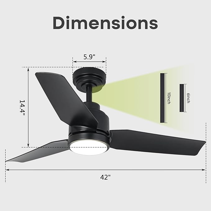 42 Inch Black Ceiling Fans with Lights and Remote/APP, Modern Ceiling Fan for Living Room Outdoor Ceiling Fan 6-Speed Adjustable Reversible DC Motor Timer Noiseless 3CCT Dimmable for Bedroom Office