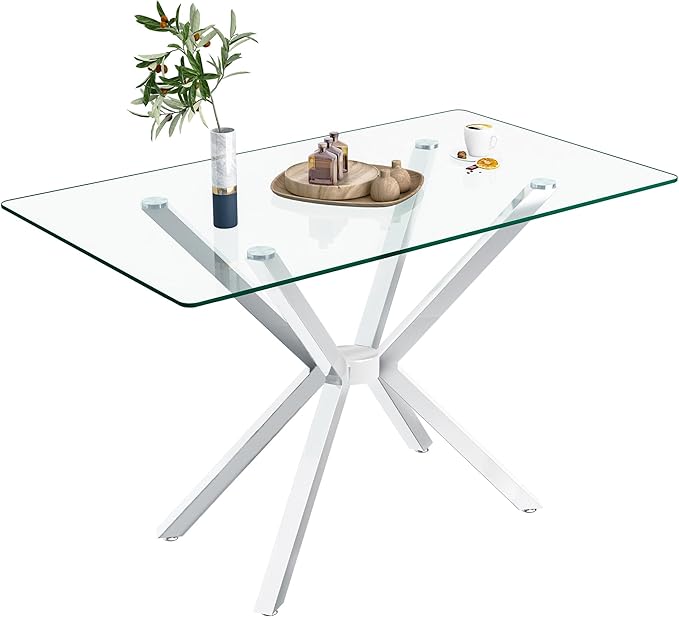 51.18" Rectangular Glass Dining Table, Tempered Glass Kitchen Tabe with Metal Legs, Stylish and Sturdy Dinner Table for Home and Outdoor Dining (Silver, 47.24")