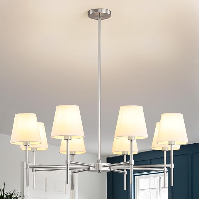 RUIYEY Dining Room Chandeliers Light - Modern Brushed Nickel Chandelier, 8-Light Metal Farmhouse Dining Room Light Fixture, E26 Hanging Pendent Lighting for Kitchen, Living Room, Foyer, Entrance