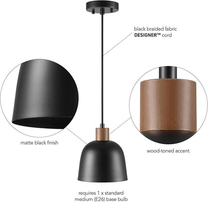 Globe Electric 67000193 1-Light Pendant Lighting, Matte Black, Wood-Toned Accent on Socket, 5ft Black Fabric Cord, Home Improvement, Kitchen, Living Room, Hanging Ceiling Light