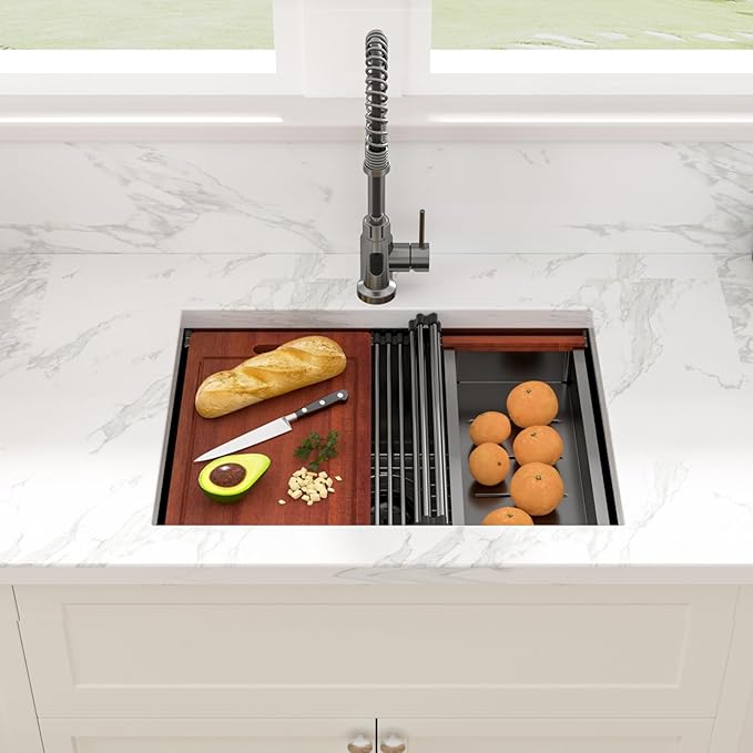 Sarlai 25 Inch Black Kitchen Sink Undermount - 25"x19" Undermount Sink Ledge Workstation Stainless Steel Gunmetal Black 16 Gauge Deep Single Bowl Under Counter Kitchen Sinks with Accessories
