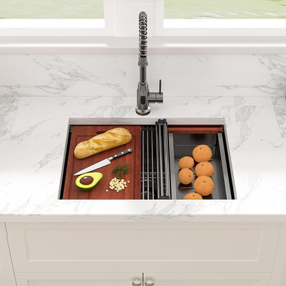 Sarlai 25 Inch Black Kitchen Sink Undermount - 25"x19" Undermount Sink Ledge Workstation Stainless Steel Gunmetal Black 16 Gauge Deep Single Bowl Under Counter Kitchen Sinks with Accessories