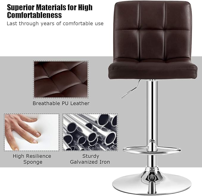 COSTWAY Adjustable Bar Stools Set of 4, Modern Swivel PU Leather Bar Chair with Backrest, Soft Cushioned Seat, Footrest, Sturdy Metal Frame, Comfortable Barstools for Kitchen Island, Pub, Brown