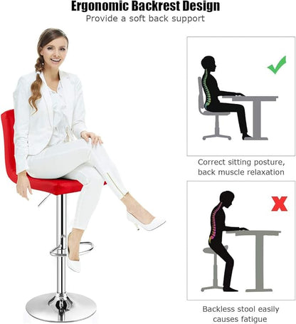 COSTWAY Adjustable Bar Stools Set of 2, Modern Swivel PU Leather Bar Chair with Backrest, Soft Cushioned Seat, Footrest, Sturdy Metal Frame, Comfortable Barstools for Kitchen Island, Pub, Red