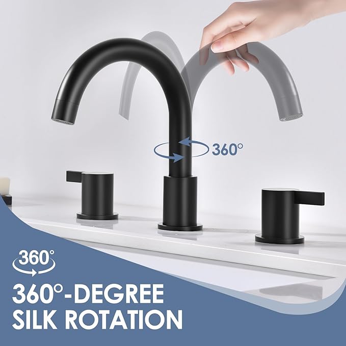 Two Handle 8inch Widespread Bathroom Faucet 3 Holes, Bathroom Sink Faucet with Metal Pop up Drain Assembly and cUPC Water Supply Lines, Black