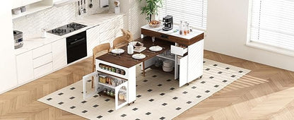 Extendable Kitchen Island Table: 1 Table 3 Sizes 19.9" to 73.8" - Rolling Mobile Dining Table with Power Outlet & Storage - Space-Saving for Small Apartments & Open Kitchens