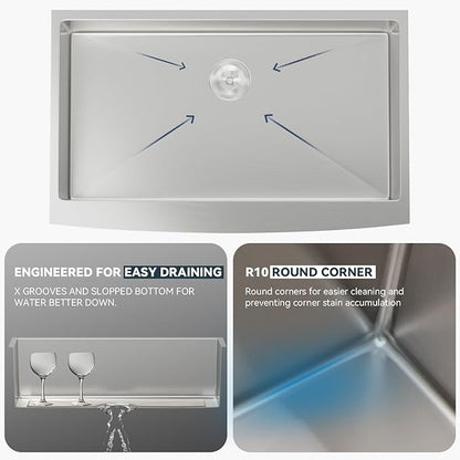 Lordear 33 Inch Farmhouse Kitchen Sink Apron Front 16 Gauge Stainless Steel Single bowl Farmer Sink Single Basin Round Corners 33X21X10 Farm Sinks