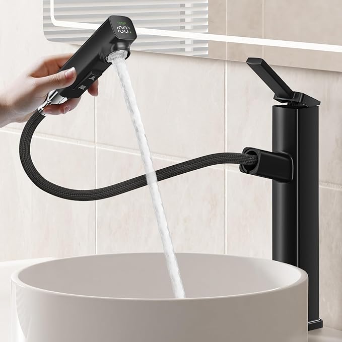 HANLIAN Single Handle Vessel Sink Faucet with Pull Out Sprayer, Tall Single Hole Bathroom Faucet with Digital Temperature Display, 3 Modes High Bathroom Vanity Faucets 1 Hole with Rotating Spout