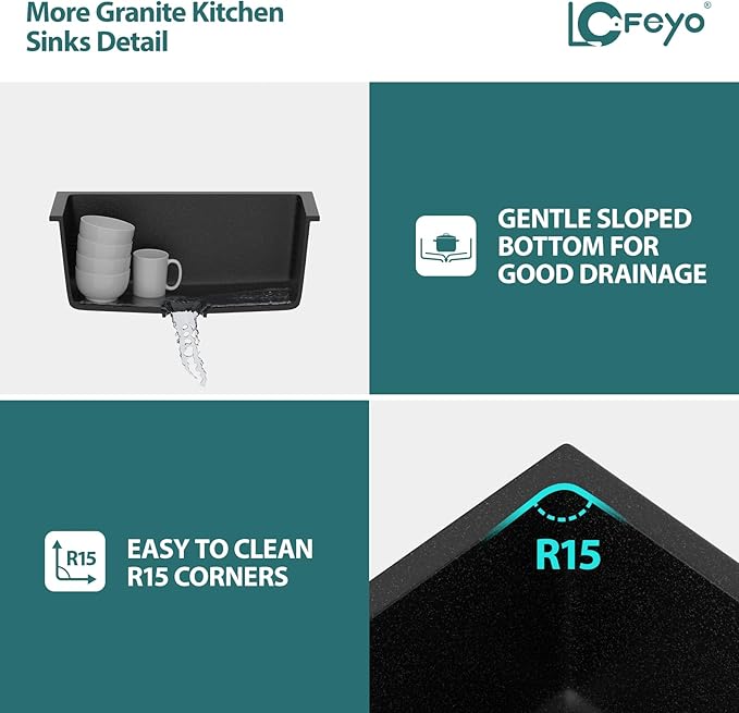 Black Undermount Kitchen Sink 22"x17" Granite Composite Bar Sink Black Small Granite Sink Undermount Quartz Modern Under Counter Ledge Single Bowl Kitchen Sinks Basin Deep Sink,LOF-Q456V