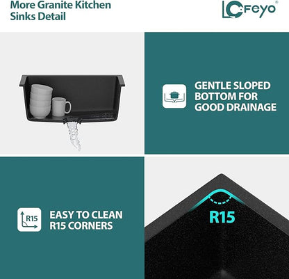 Black Undermount Kitchen Sink 22"x17" Granite Composite Bar Sink Black Small Granite Sink Undermount Quartz Modern Under Counter Ledge Single Bowl Kitchen Sinks Basin Deep Sink,LOF-Q456V